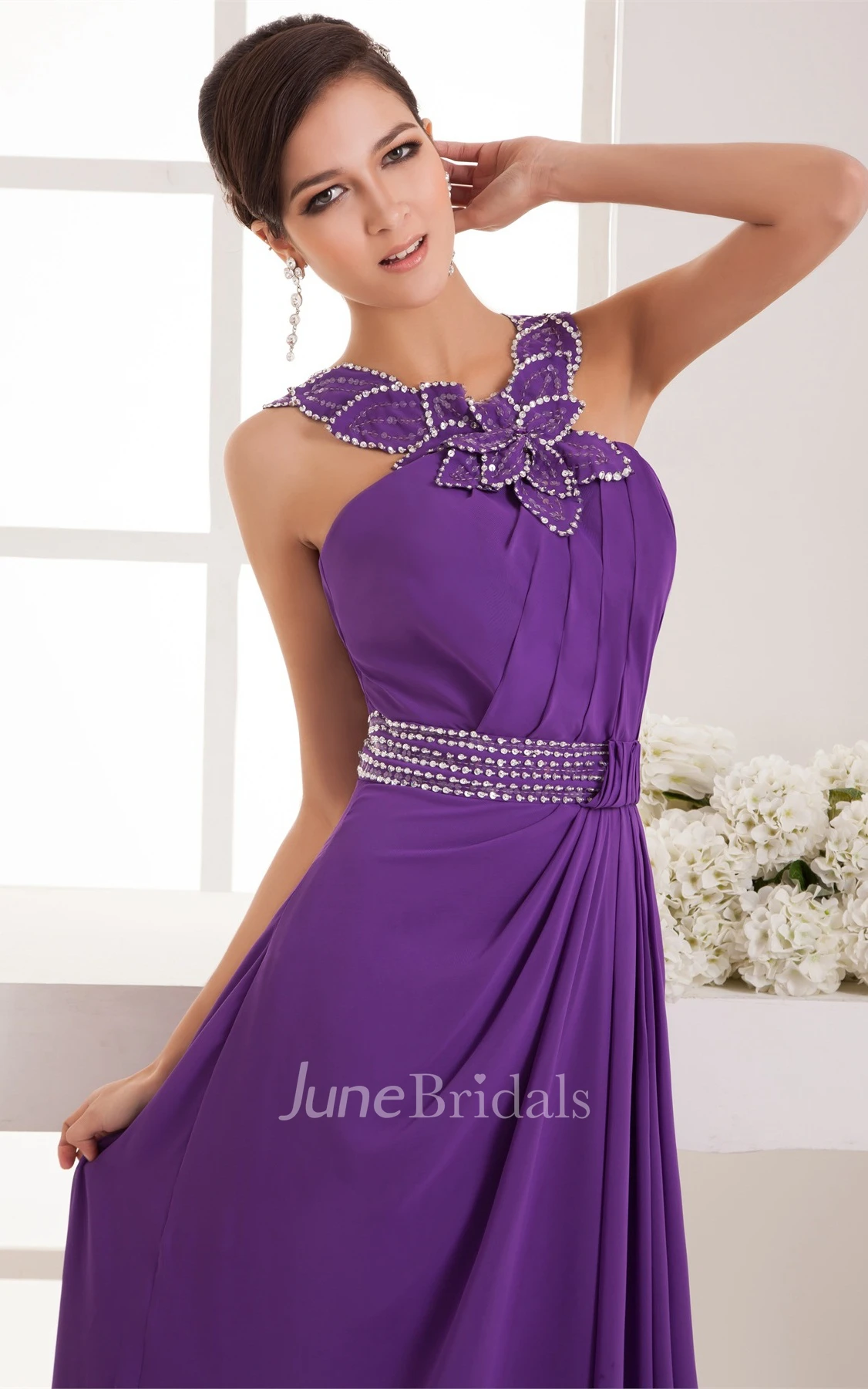 Chiffon Pleated Maxi Dress with Beading and Floral Embellishment