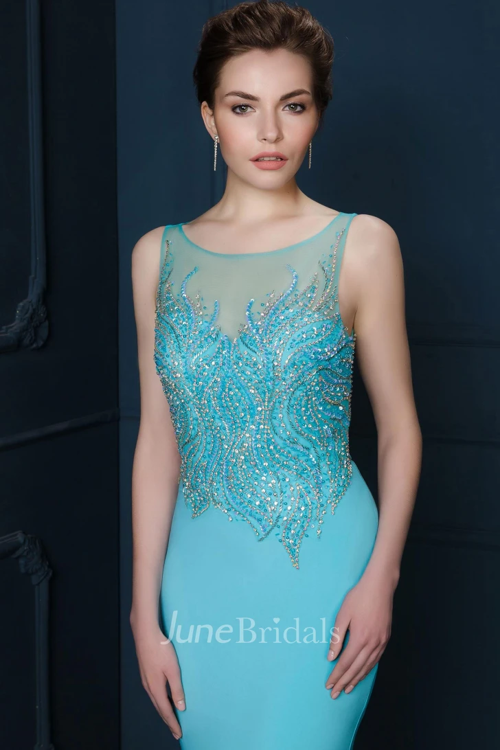 Sheath Beaded Scoop-Neck Sleeveless Long Jersey Evening Dress