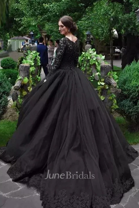 Ball Gown Bateau Lace Tulle Floor-length Sweep Train Long Sleeve Wedding Dress with Illusion Back