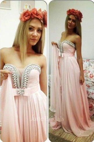 Romantic Pink Chiffon Beadings Prom Dress Sweep Train Bowknot