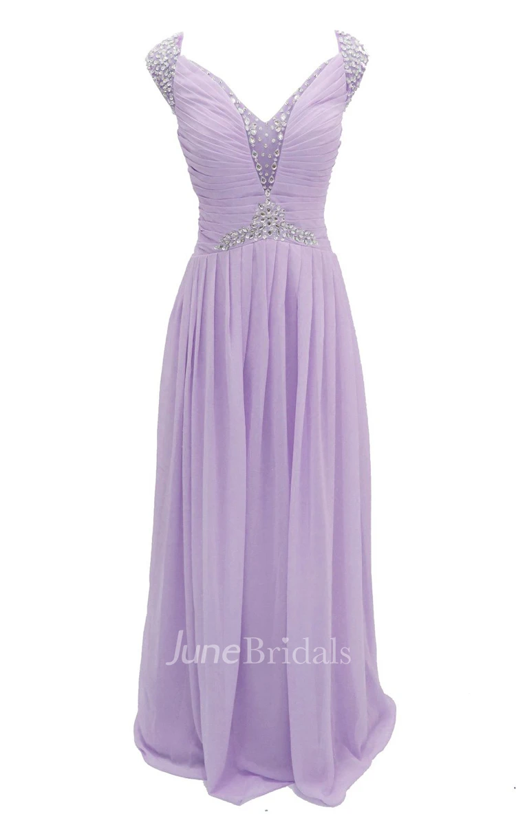 Cap-sleeve V-neck Chiffon A-line Gown With Crystal Detail