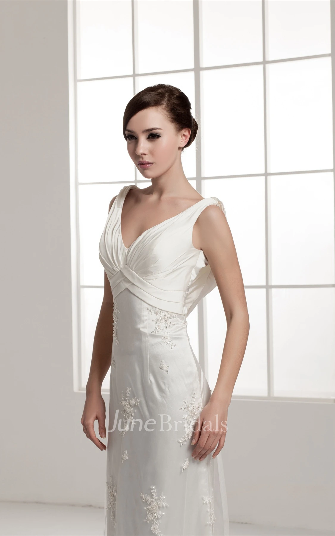 Deep-V-Neck Sheath Floor-Length Dress with Appliques and Ruching