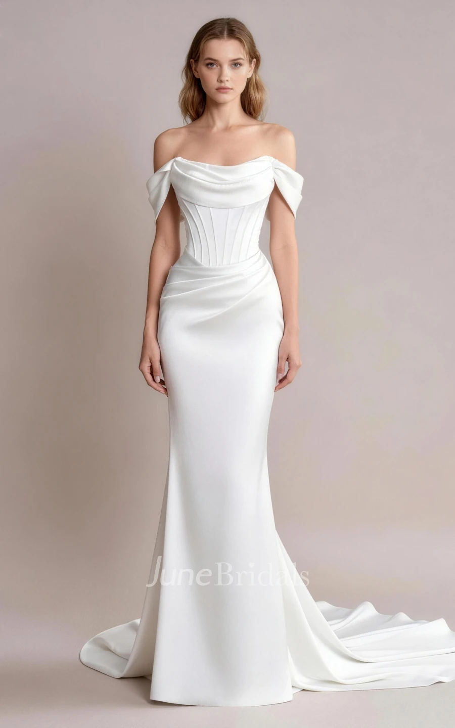 Off Shoulder Mermaid Satin Wedding Dress Basque Waist Corset Formal Gown with Pleats & Dropped Neckline