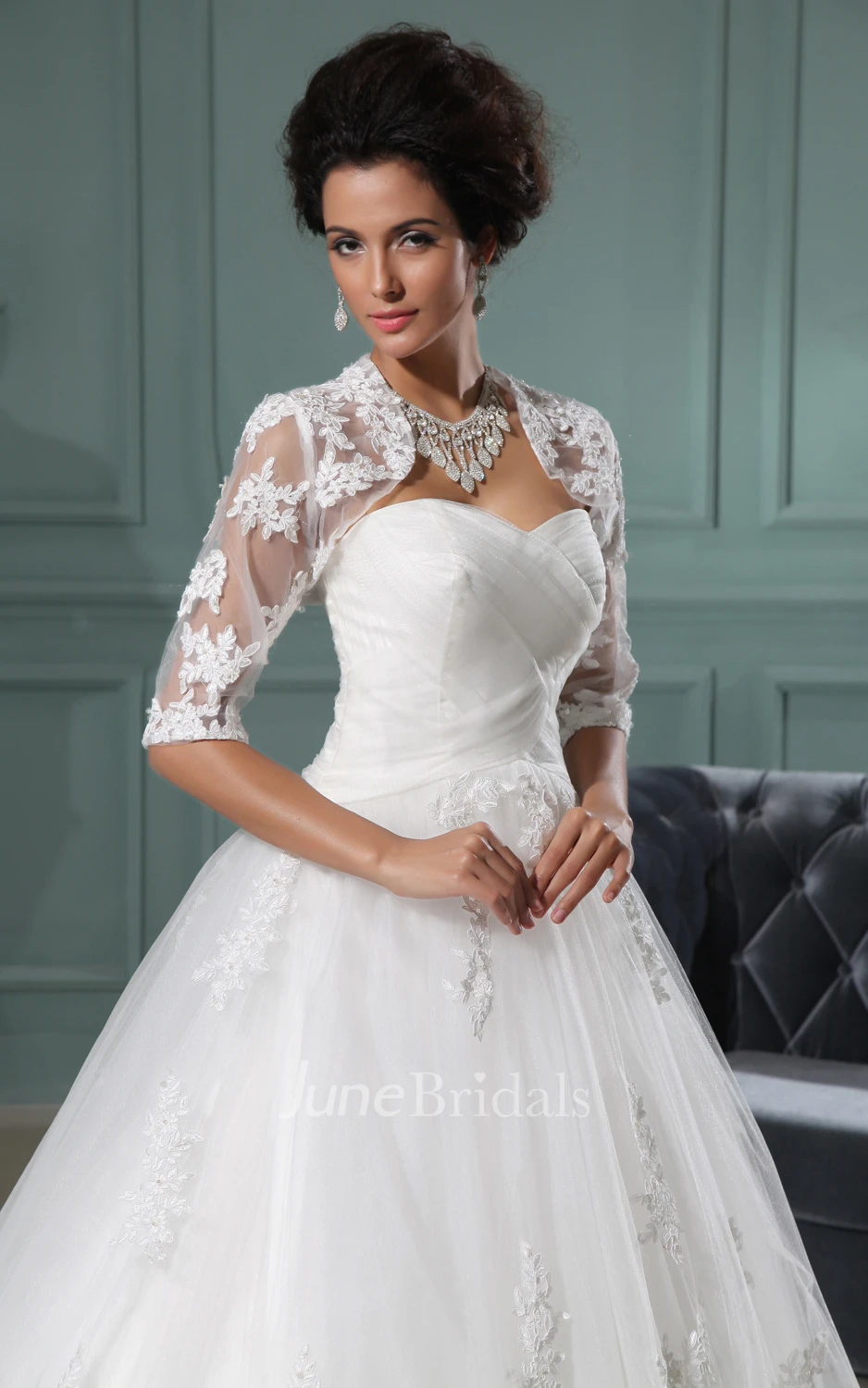 Strapless A-Line Gown With Soft Tulle And Lace Bolero