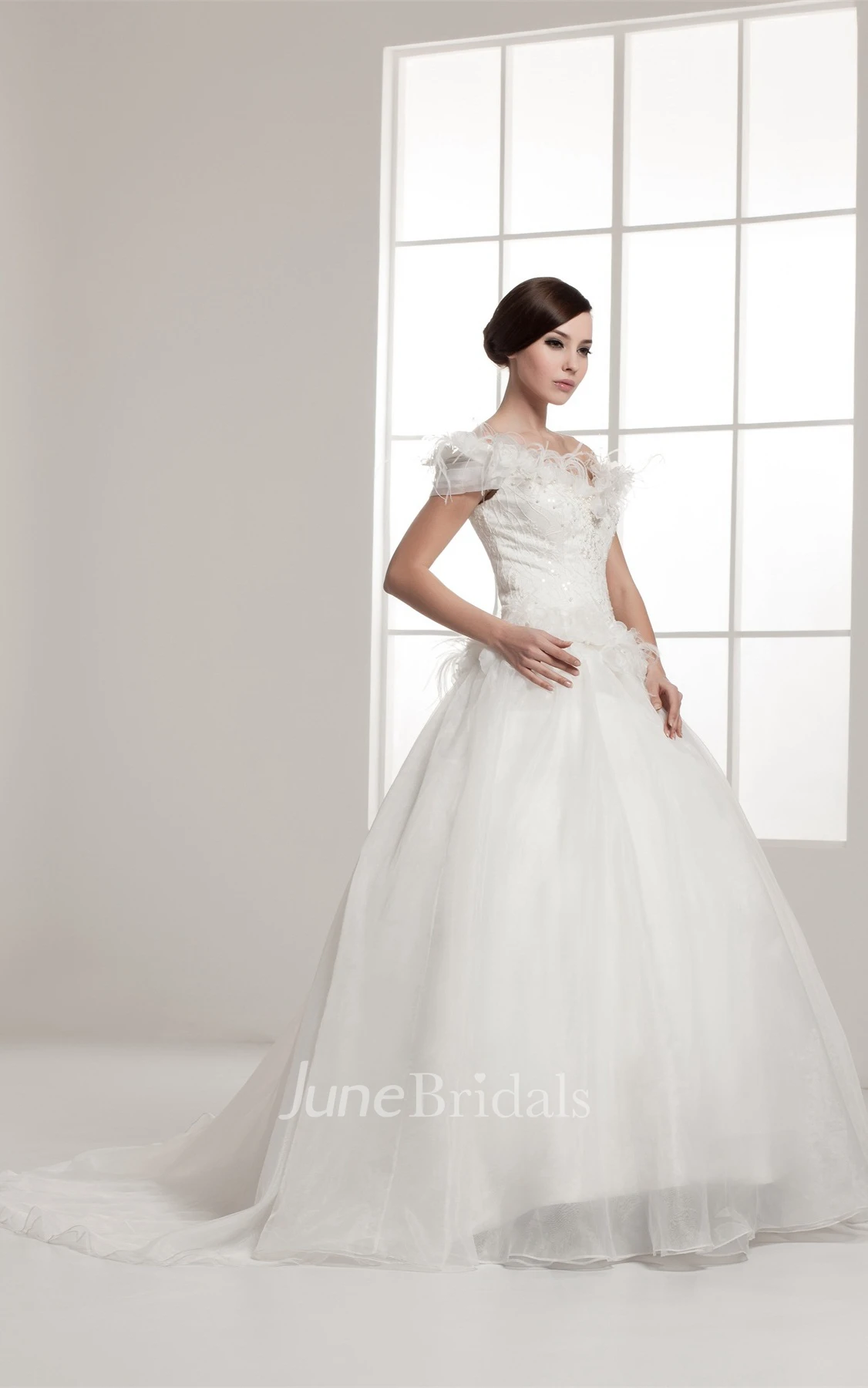 Off-The-Shoulder A-Line Ball Gown with Beading and Floral Waist