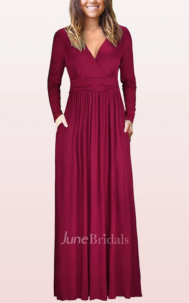 A Line V-neck Jersey Mother Formal Dress With Pockets