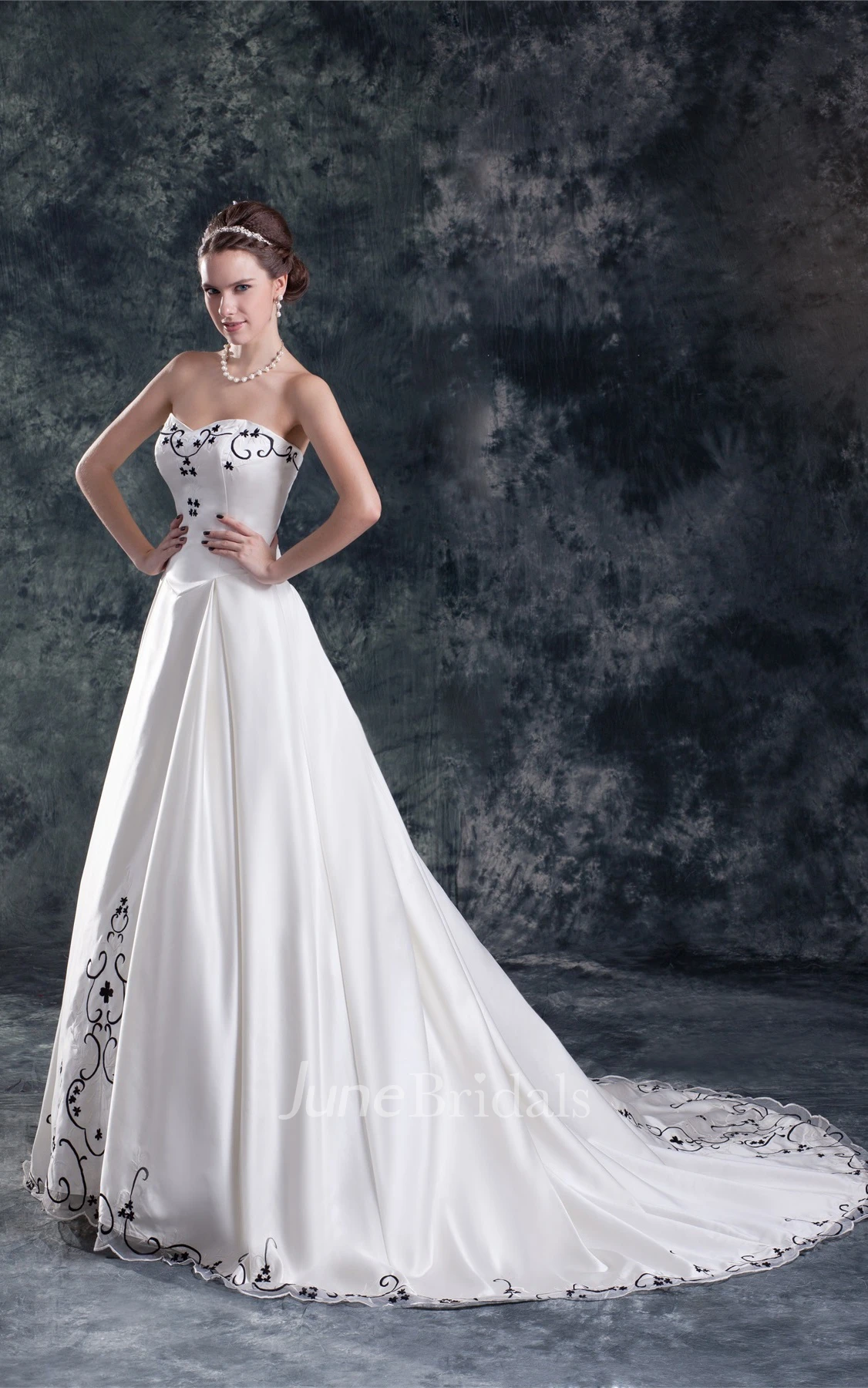 Strapless Satin Pleated Ball Gown with Embroideries