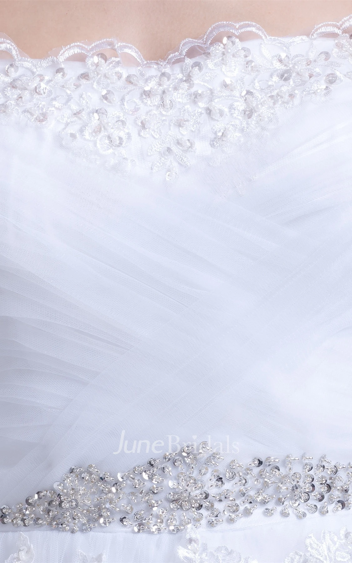 Strapless Ruched A-Line Gown with Appliques and Gemmed Waist