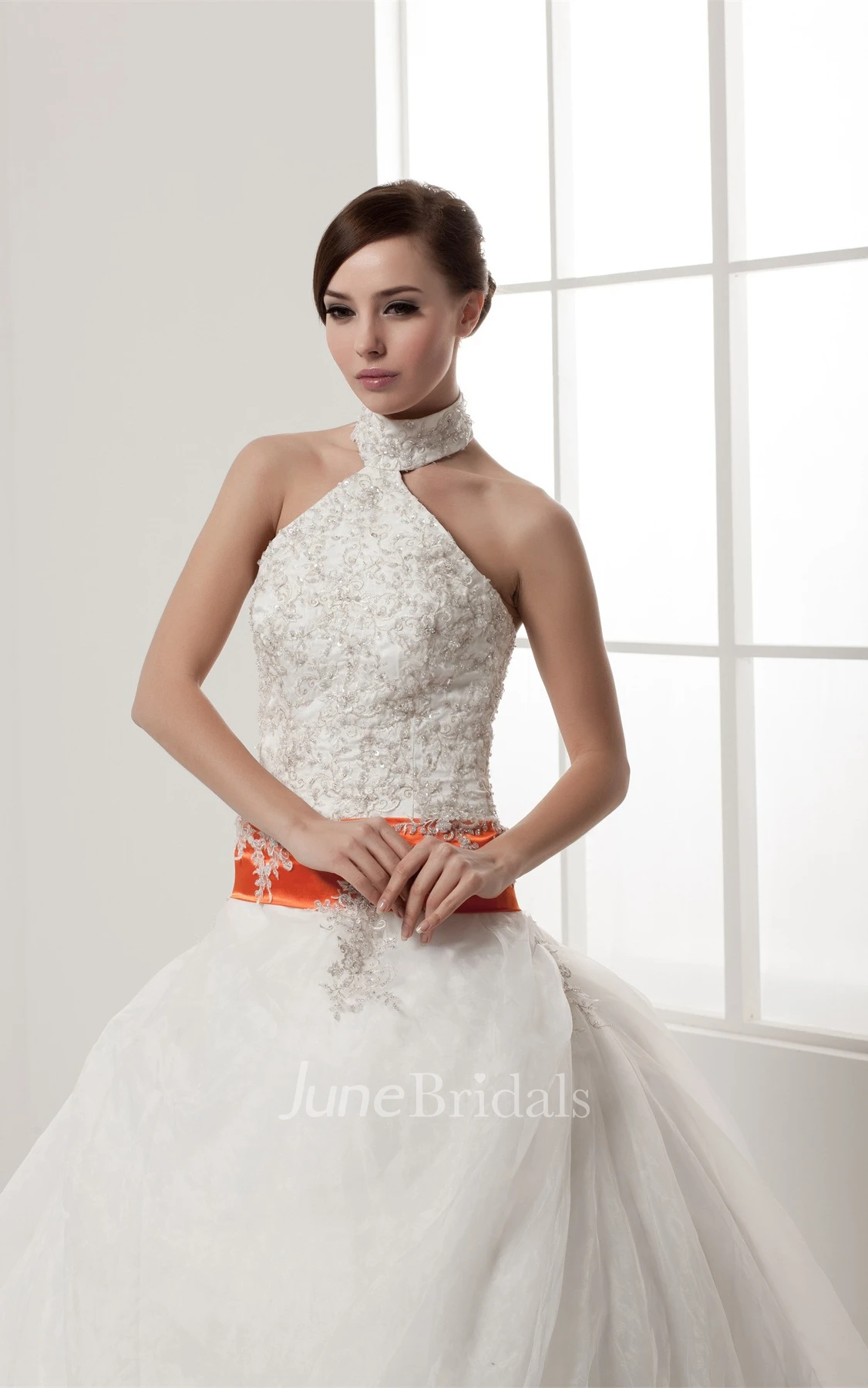 Sleeveless A-Line Pick-Up Gown with Collar and Appliques
