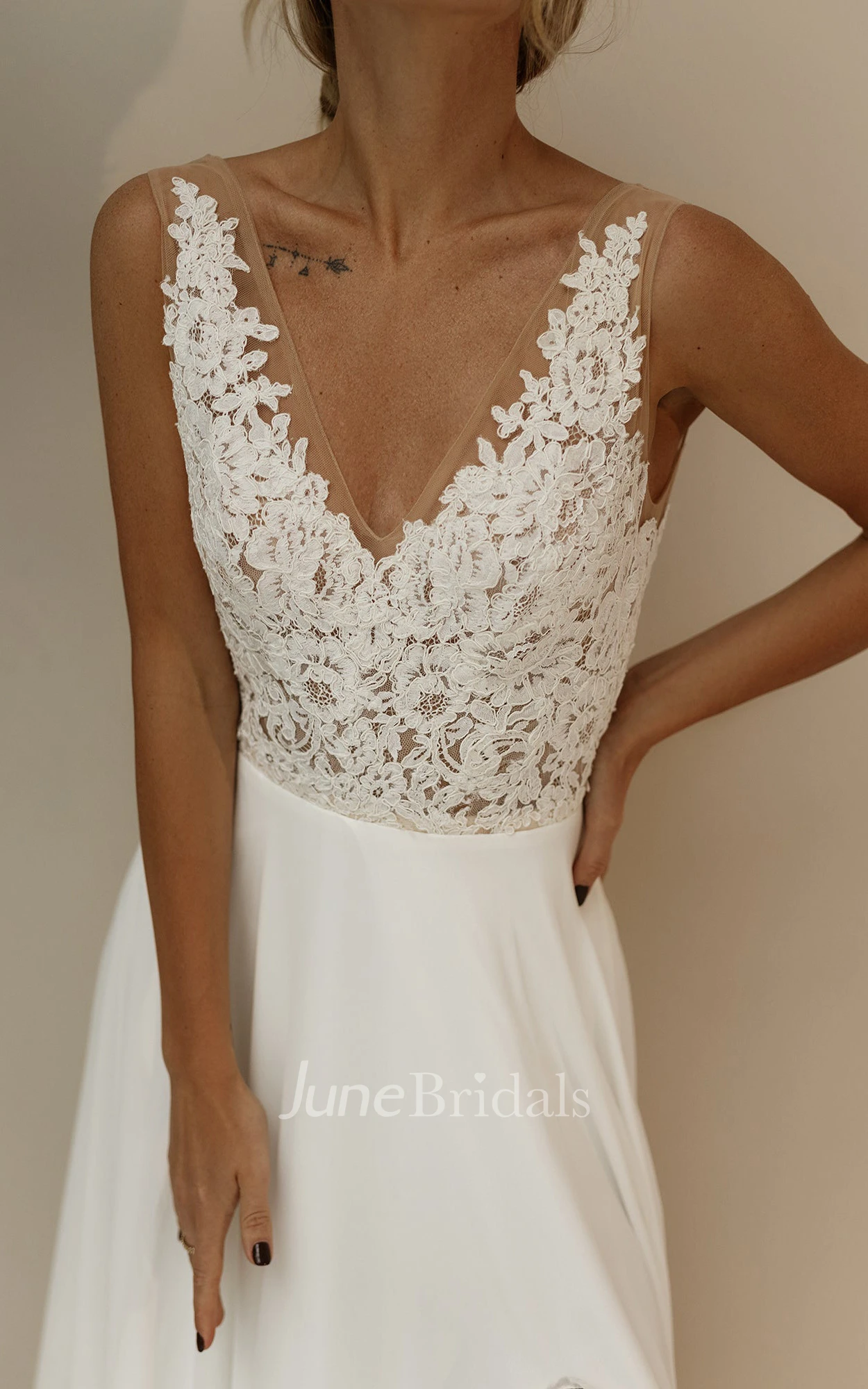 Chiffon A-Line Bohemian V-neck Warm Wedding Dress With Low-V Back And Split Front