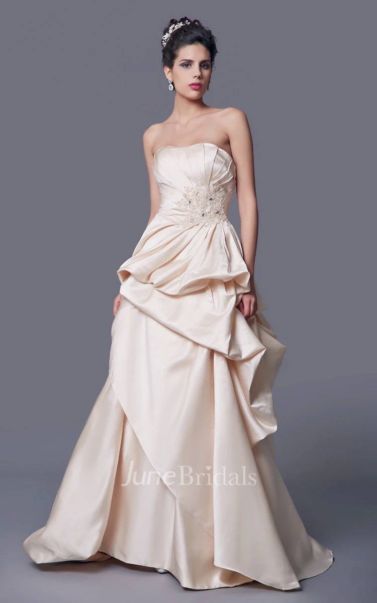 Simple Strapless A-line Ruffled Satin Long Dress