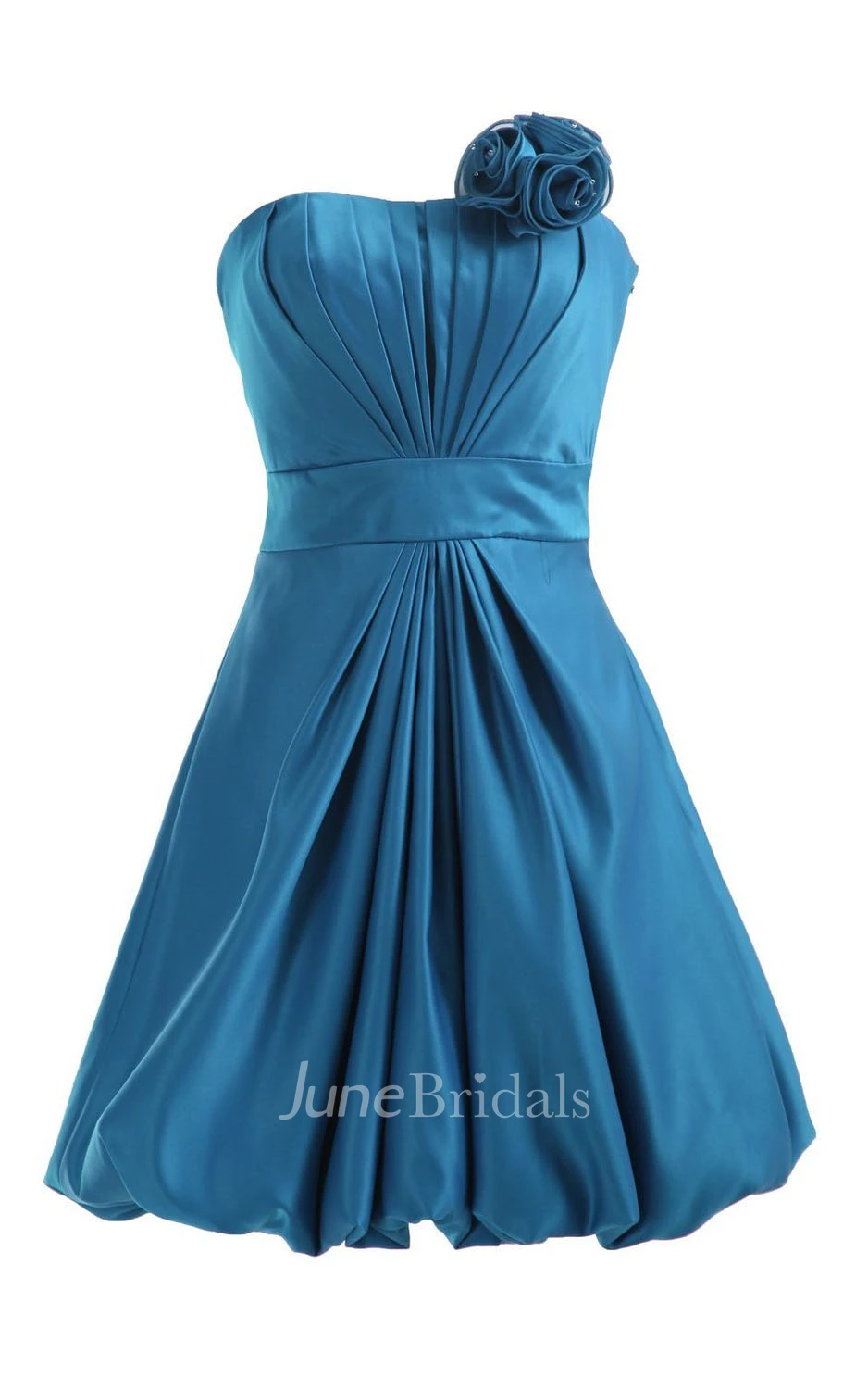 Strapless Appliqued Ruched Bodice Short Pleated Satin Dress