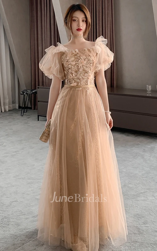 Vintage Tulle High Neck Off-the-shoulder A Line Prom Dress With Appliques and Beading