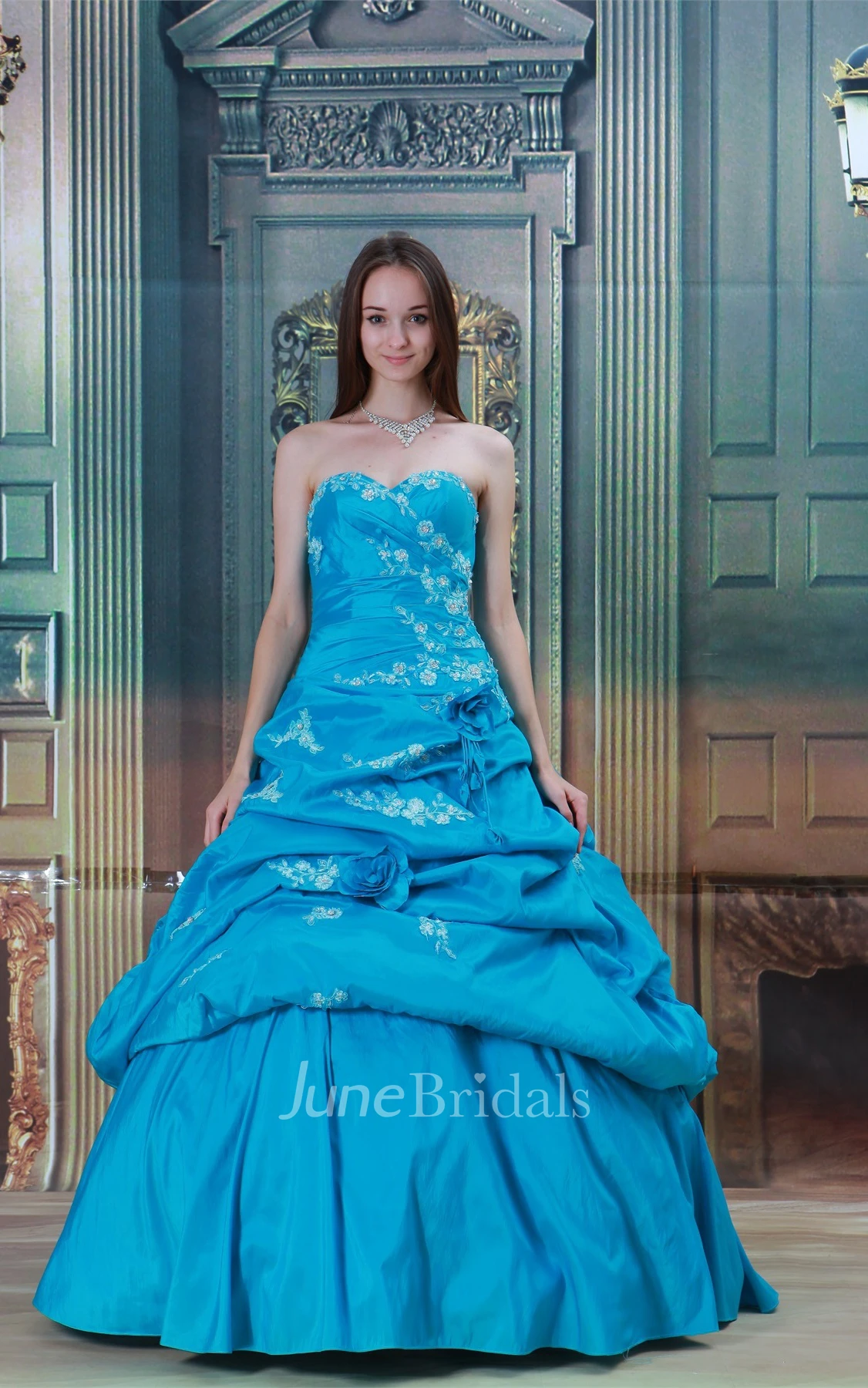 sweetheart a-line ball pick-up gown with flower and appliques