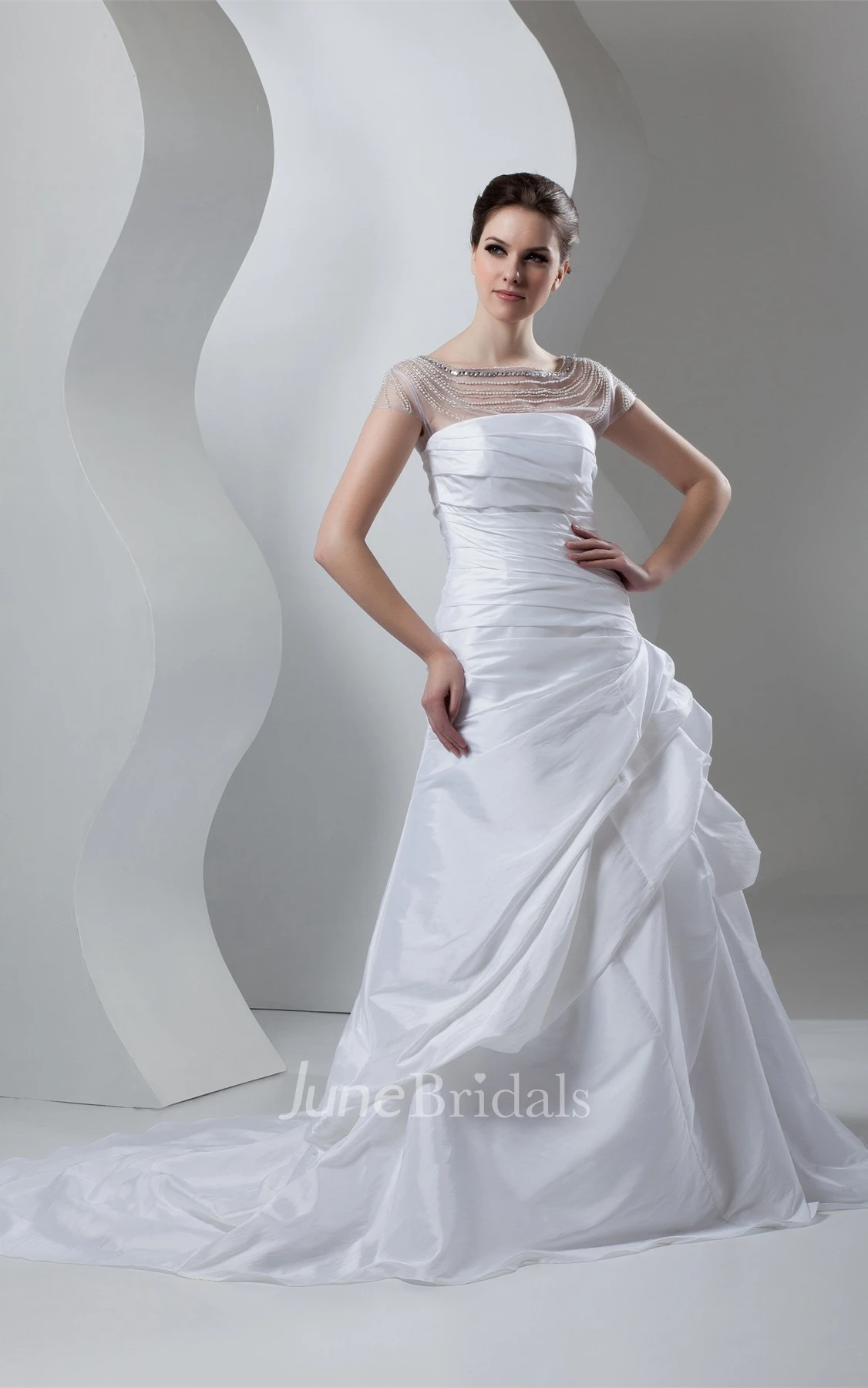 Caped-Sleeve Pick-Up A-Line Gown with Ruching and Illusion Neckline