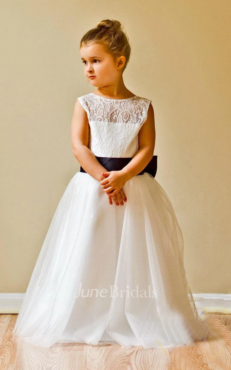 Cap Sleeve Jewel Neck Lace Top Tulle Dress With Bow Belt