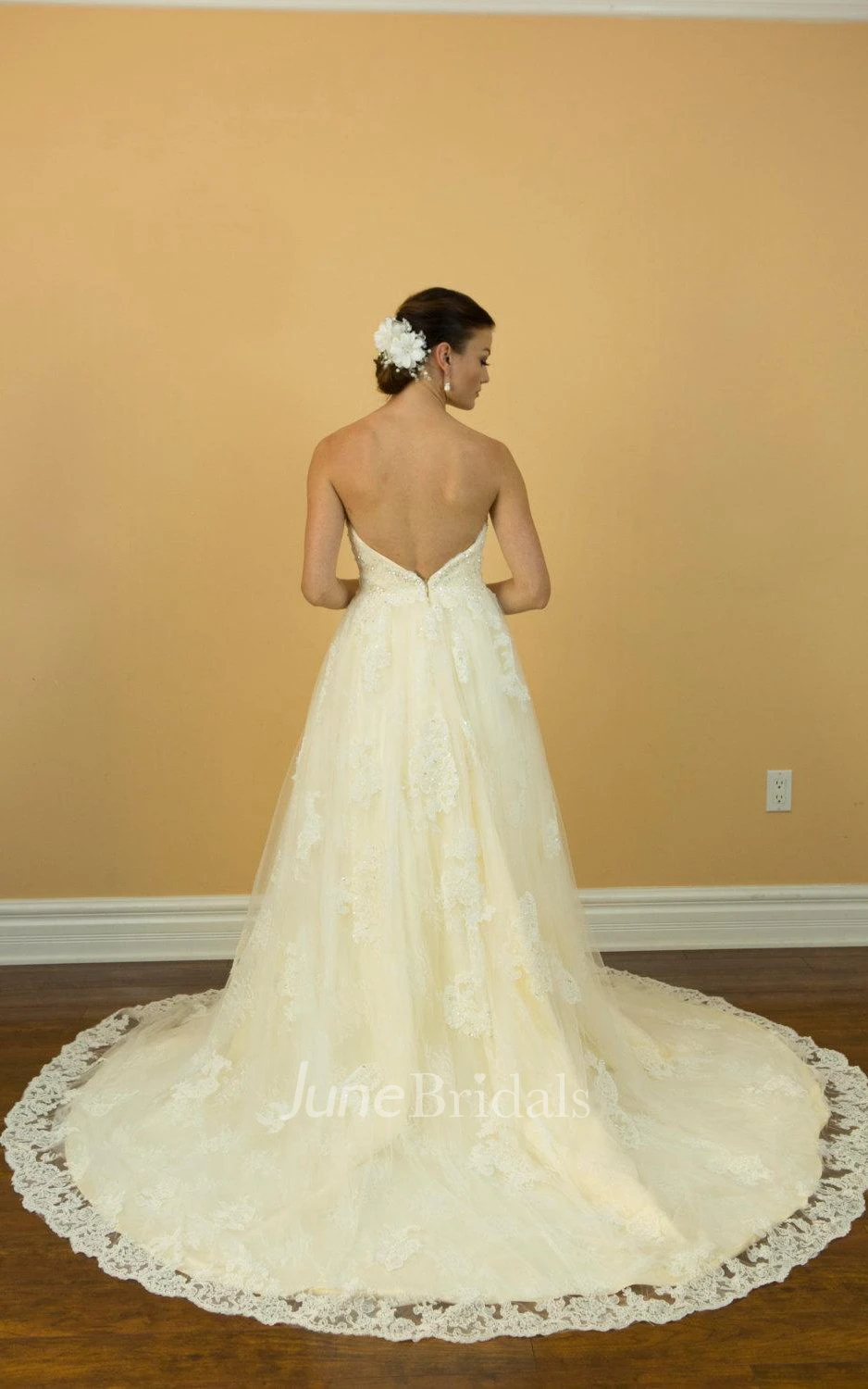 Strapless Long A-Line Appliqued Wedding Dress With Lace Trim