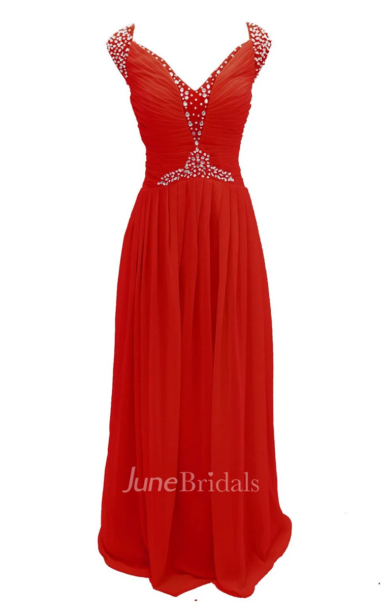 Cap-sleeve V-neck Chiffon A-line Gown With Crystal Detail