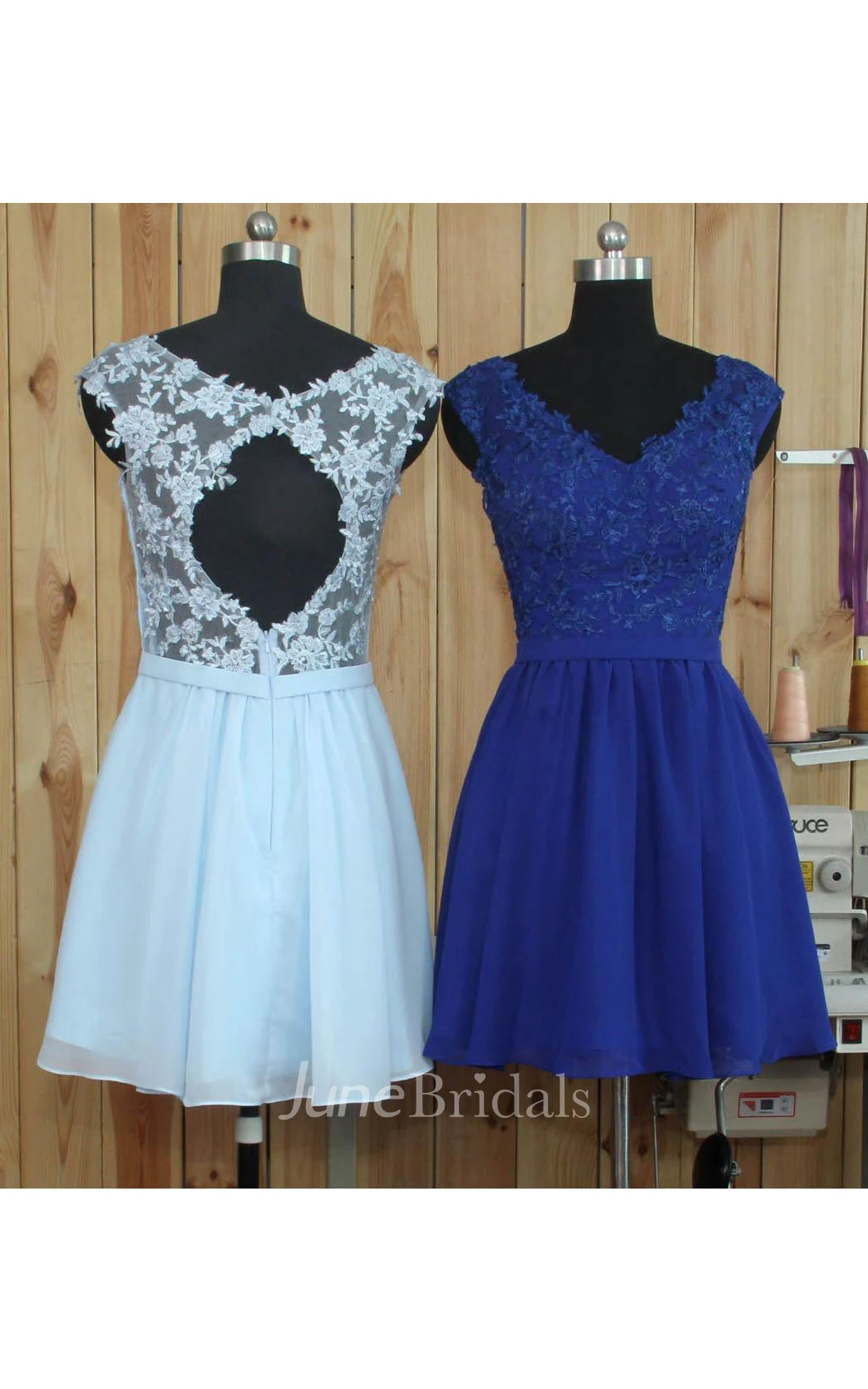 Short V-neck Chiffon Dress With Lace