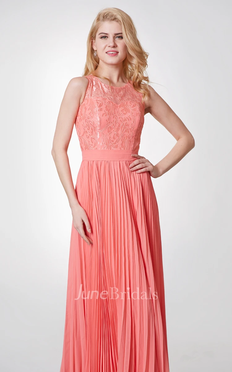 Lace Neckline A-line Long Pleated Chiffon Dress