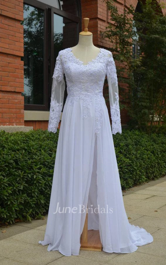 Long Sleeve Backless Chiffon Lace Weddig Dress With Beading