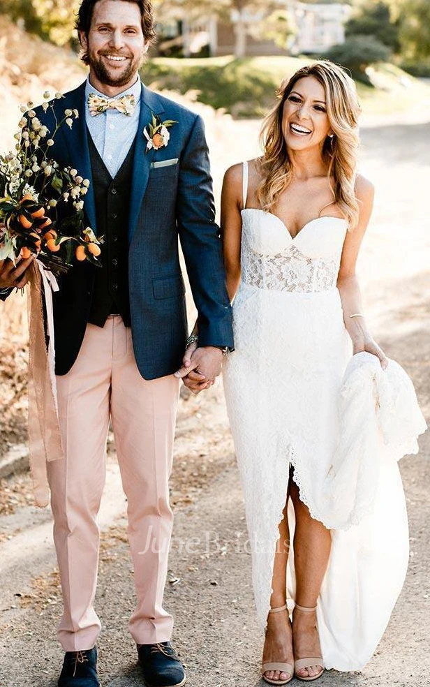 Elegant Sheath Lace Spaghetti Sweetheart Sleeveless Wedding Dress With Split Front