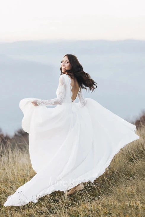 Chiffon Long Sleeve Illusion Wedding Dress With Deep V-back And Court Train