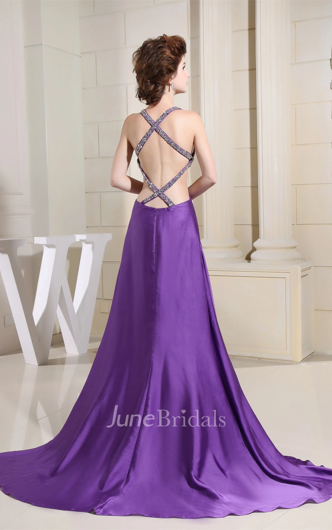 Plunged A-Line Floor-Length Dress with Keyhole and Beaded Halter