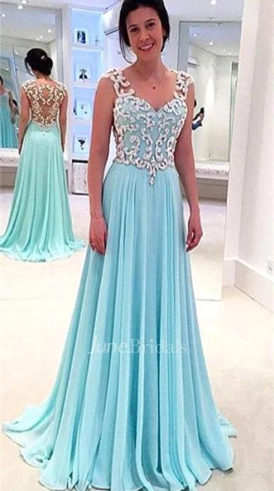 Newest Lace Appliques Chiffon Prom Dress A-line Straps