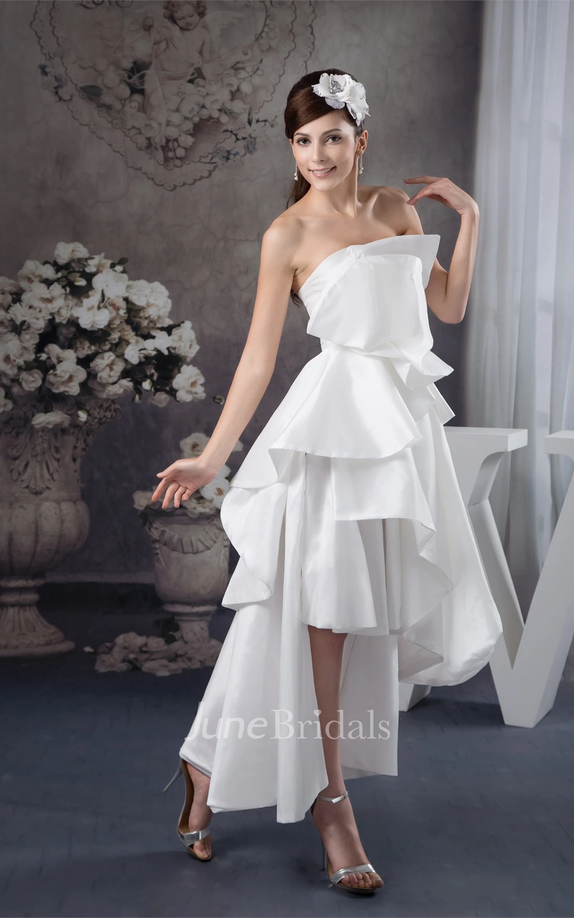 Strapless High-Low Satin Gown with Draped Design