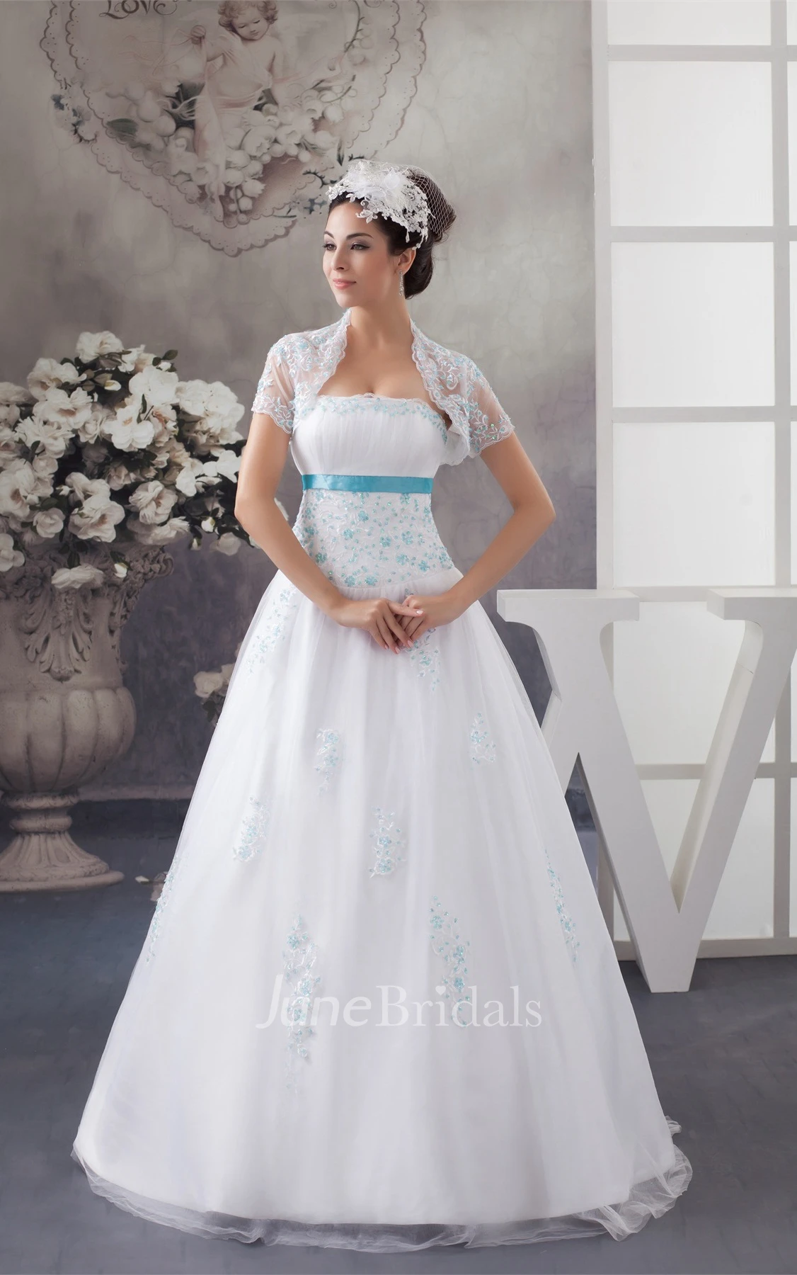Strapless Tulle A-Line Dress with Appliques and Bolero