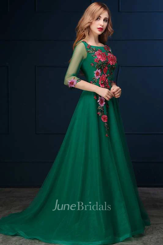 3-4 Illusion Sleeve Bateau Neck A-line Organza Dress