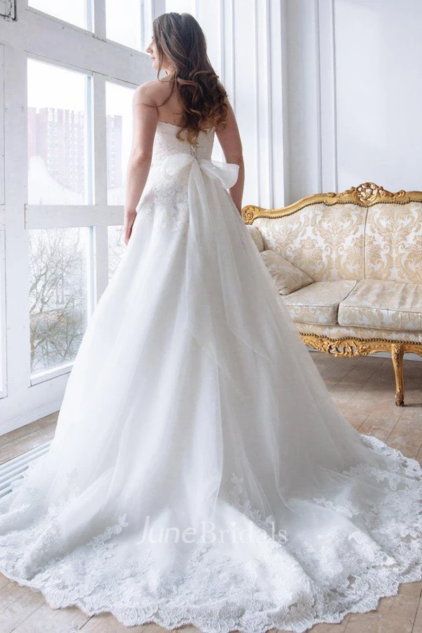Strapless A-Line Ball Gown Appliqued Wedding Dress With Beaded Waist And Court Train