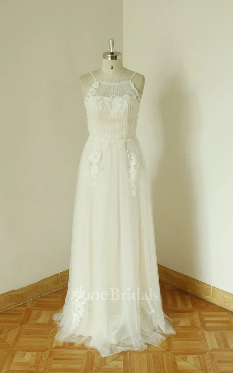 Spaghetti Neck A-Line Floor-Length Tulle Wedding Dress With Appliques