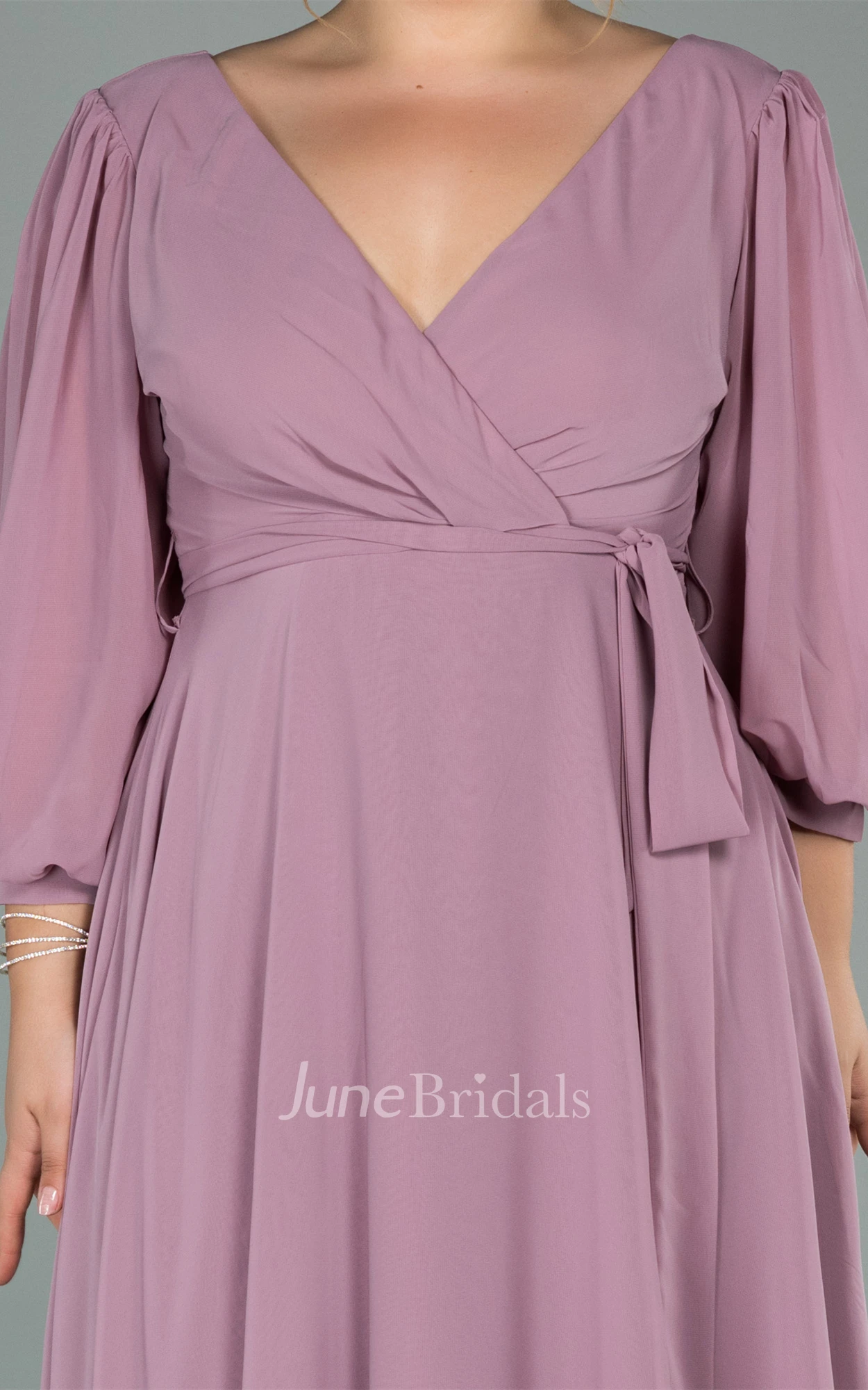 Romantic Plus Size A Line V-neck Prom Dress with Sash