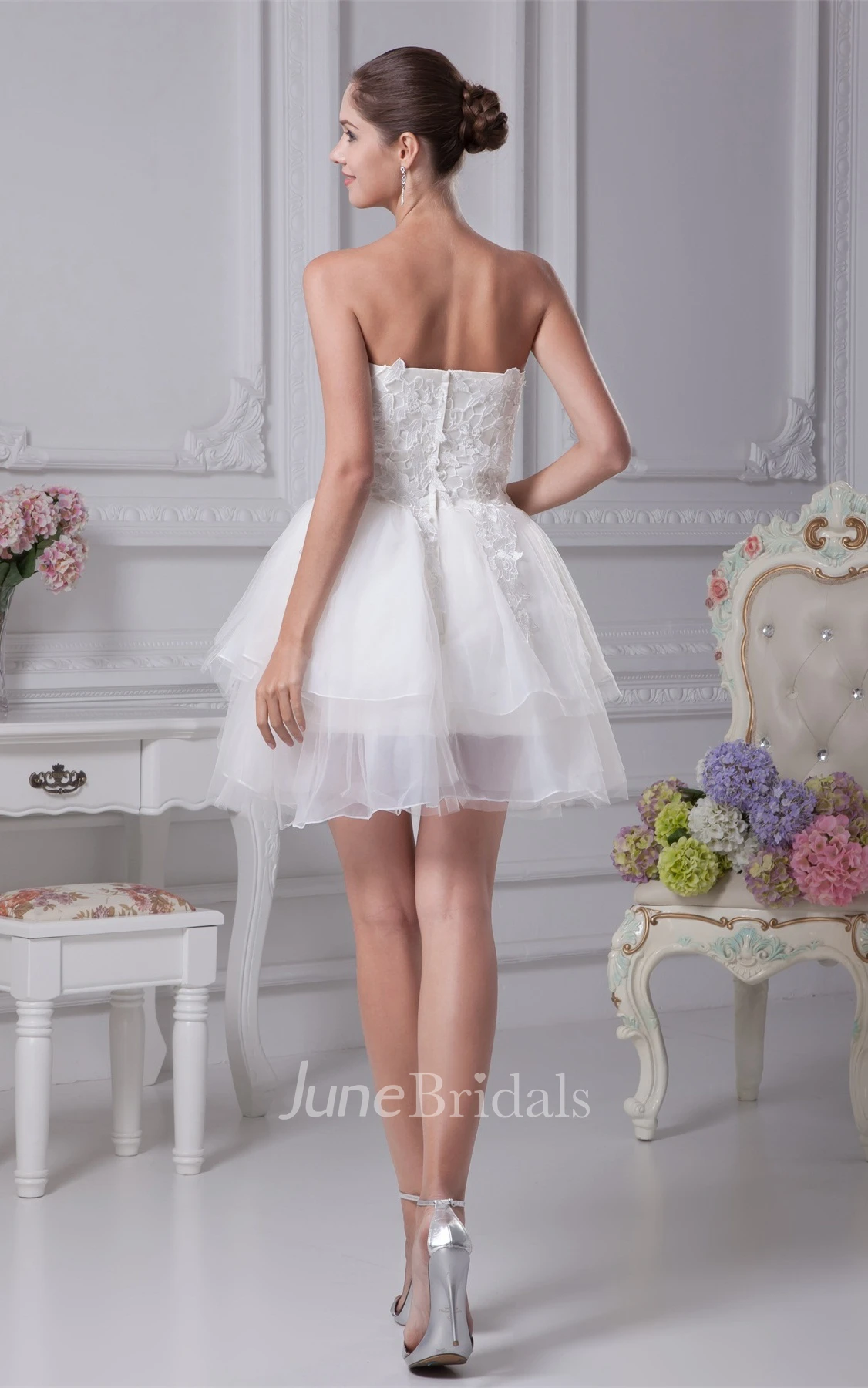 Strapless Short A-Line Dress with Appliques and Tulle Overlay
