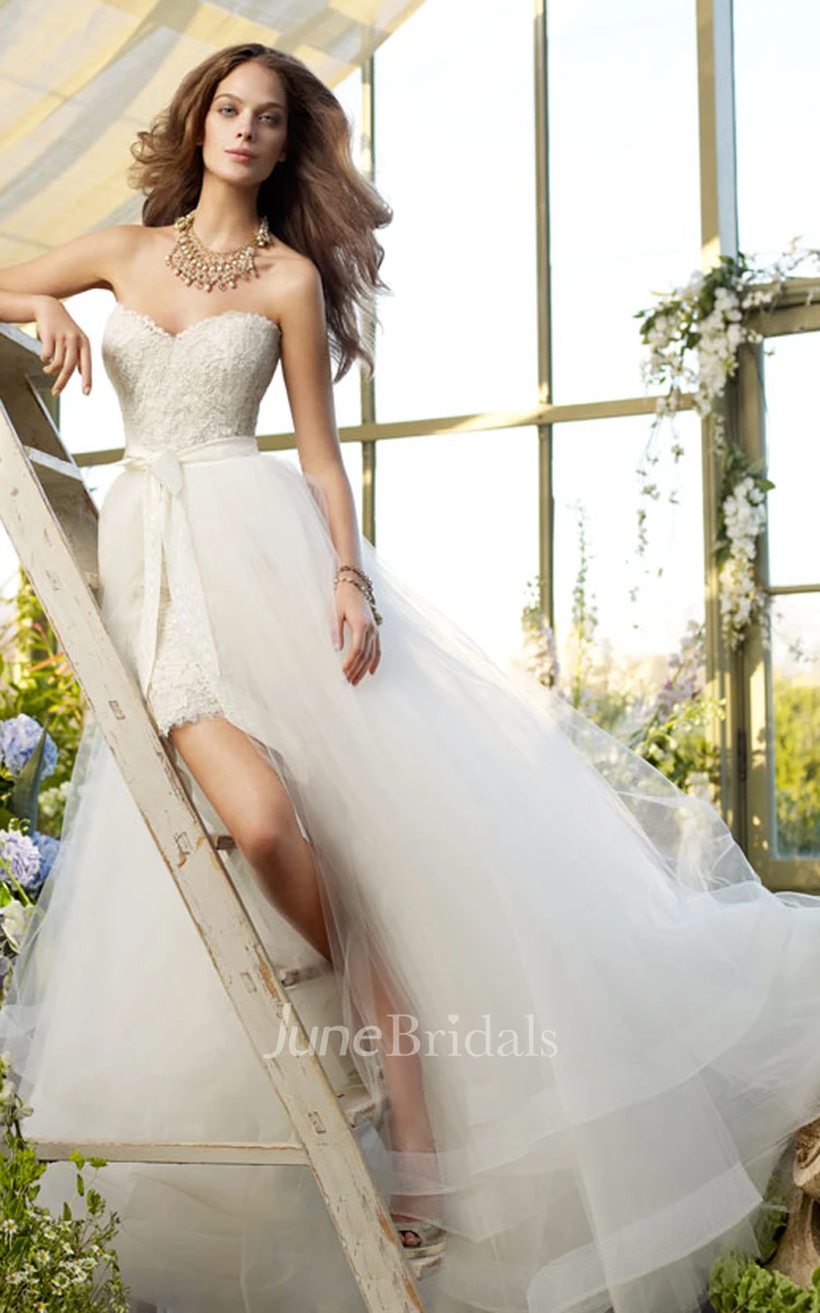 Boho Wedding Dress With Removable Overskirt And Lace Sleeves