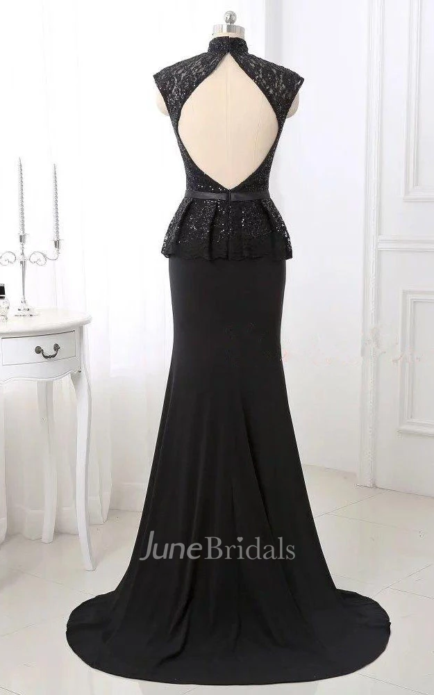 Trumpet High Neck Cap Sleeve Lace Dress With Sequins And Peplum