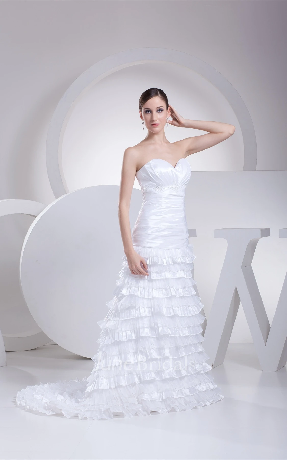 Sweetheart Tiered A-Line Gown with Ruching and Gemmed Waist