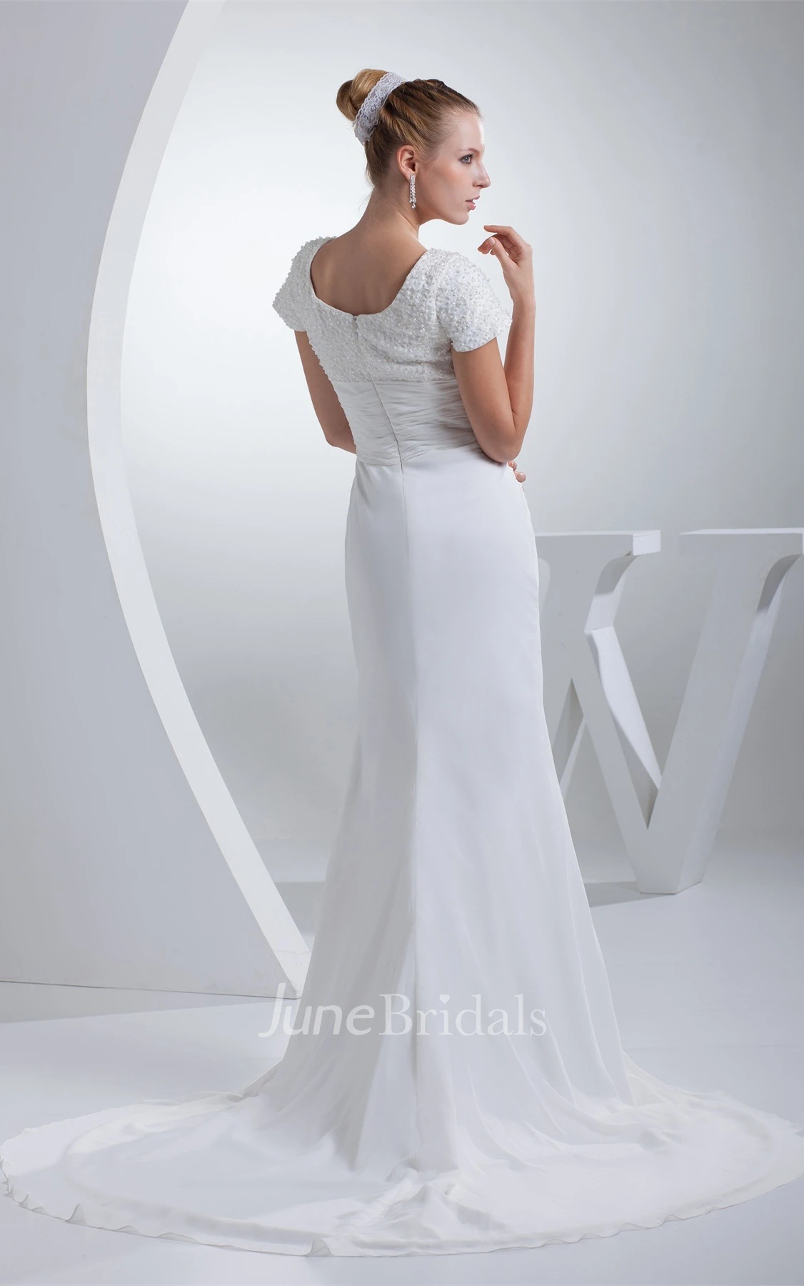 Square-Neck Short-Sleeve Sheath Dress with Ruching and Gemmed Top