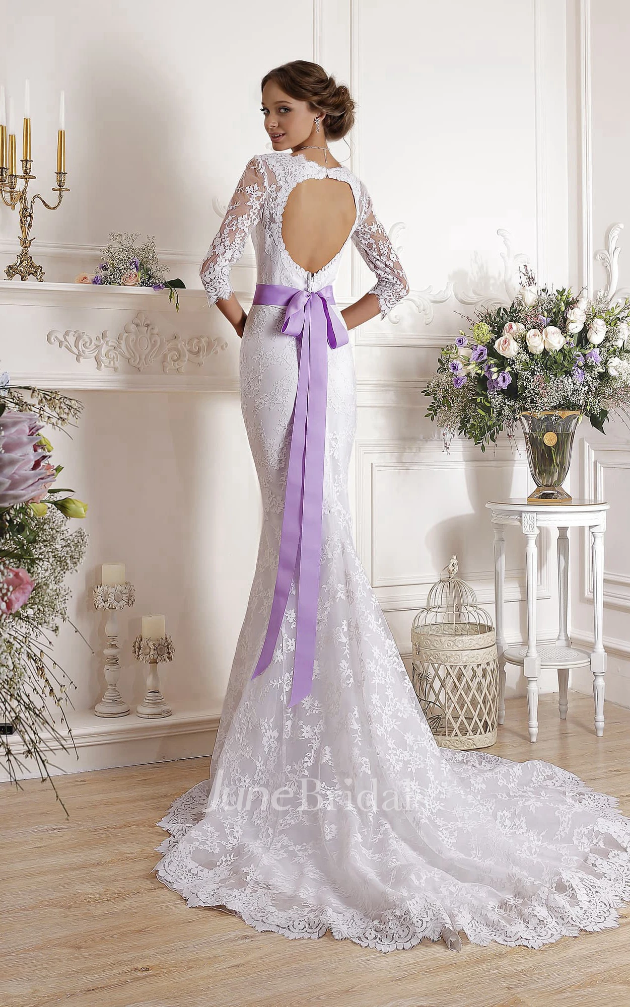 Sheath Long Square Illusion-Sleeve Keyhole Lace Dress With Ribbon