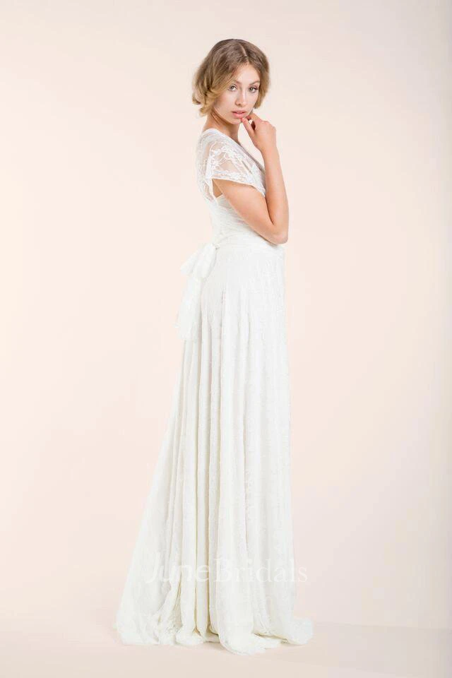 Boho Cape Sleeve Pleated Long Length Lace Dresses With Ruching and Sash