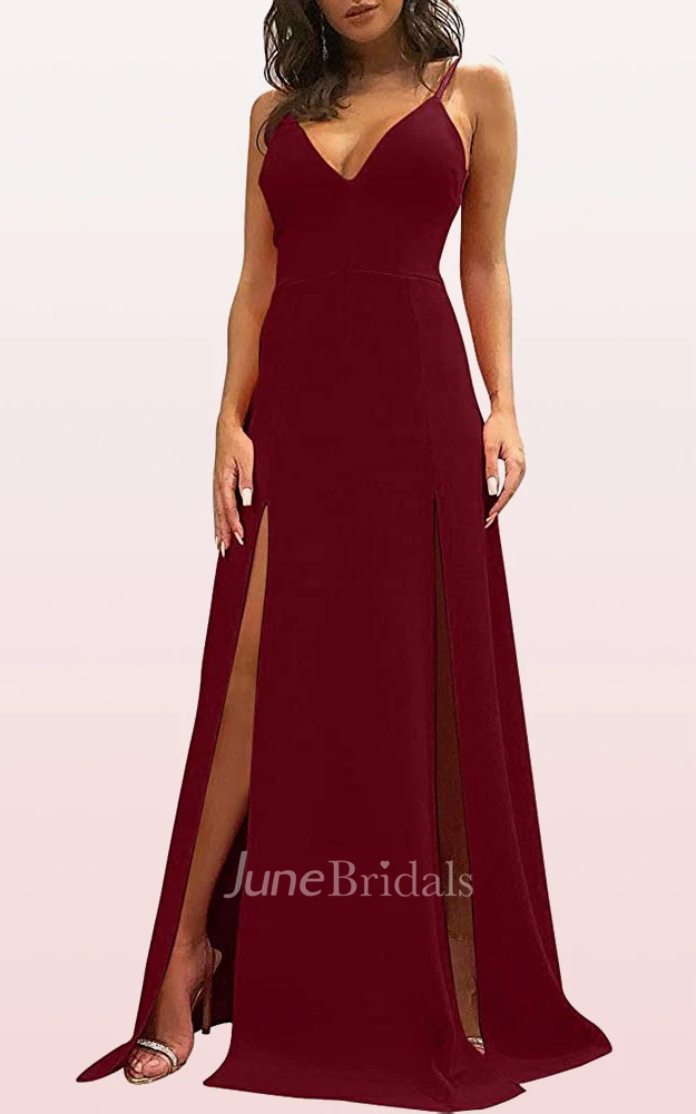 A Line V-neck Satin Sleeveless Formal Dress With Split Front