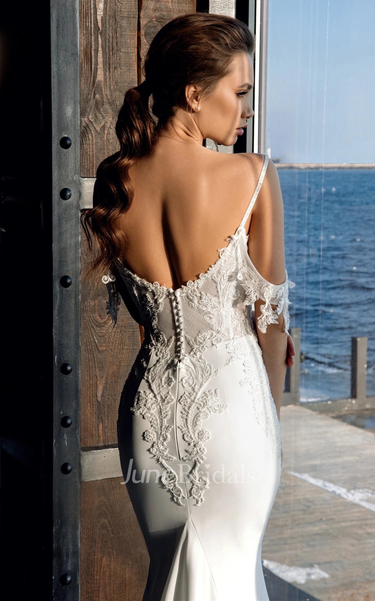 Sleeveless Mermaid Spaghetti Satin Chapel Train Warm Wedding Dress with Appliques