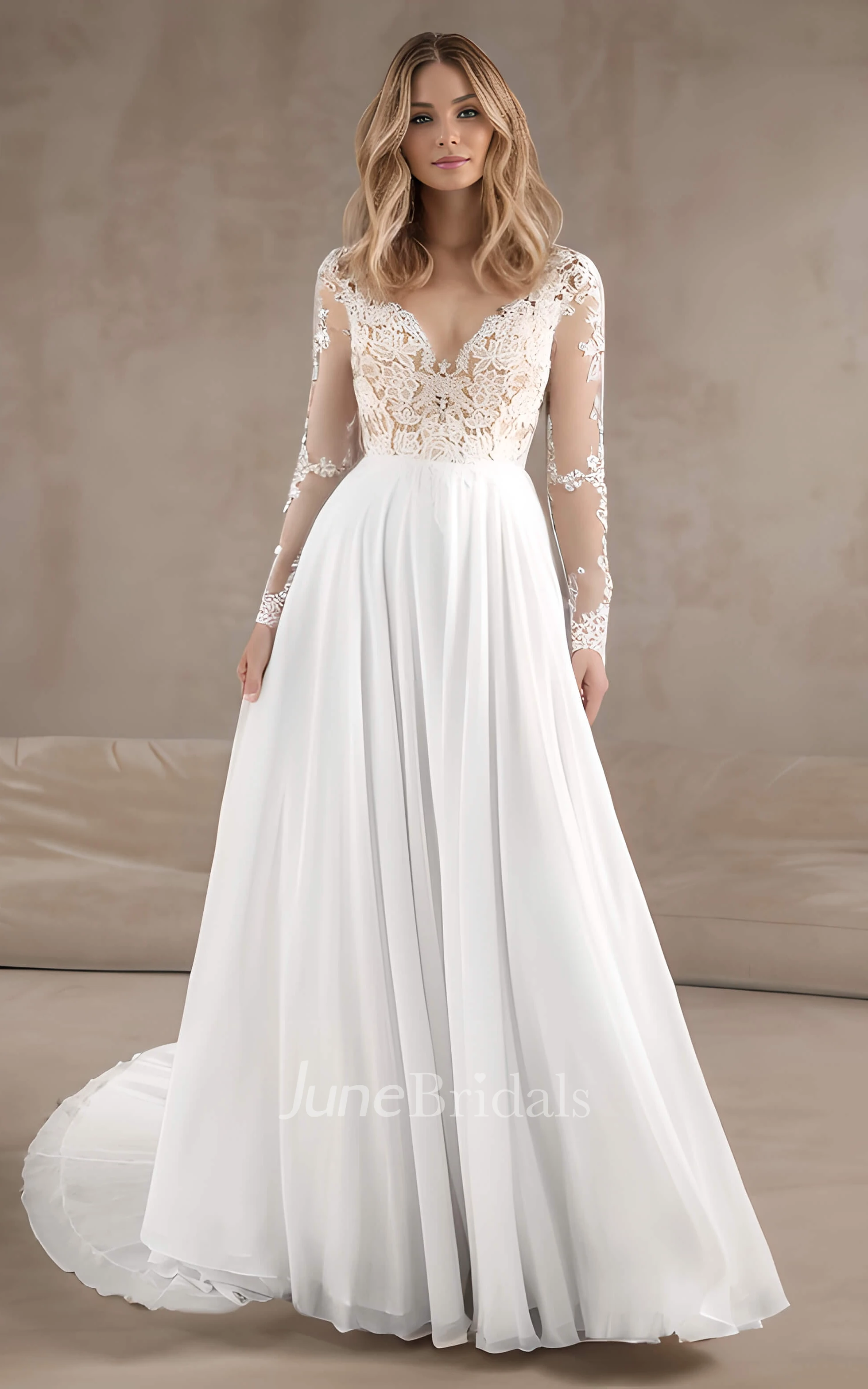 Elegant A-Line Long Sleeve Sweep Train Country Lace Winter Wedding Dress