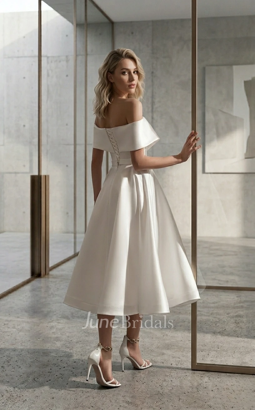 Minimalist Off-the-Shoulder Tea-length Wedding Dress Modern A-Line Criss Cross Satin Gown