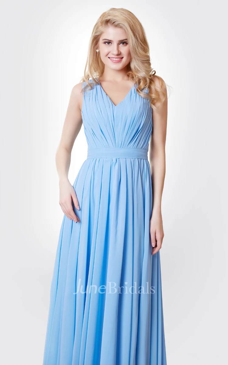 V-neck A-line Chiffon Long Bridesmaid Dress with Keyhole Back