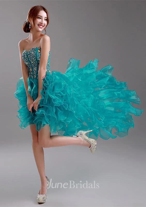 Sexy Ruffles Crystals Hi-Lo Prom Dress Sweep Train Sweetheart