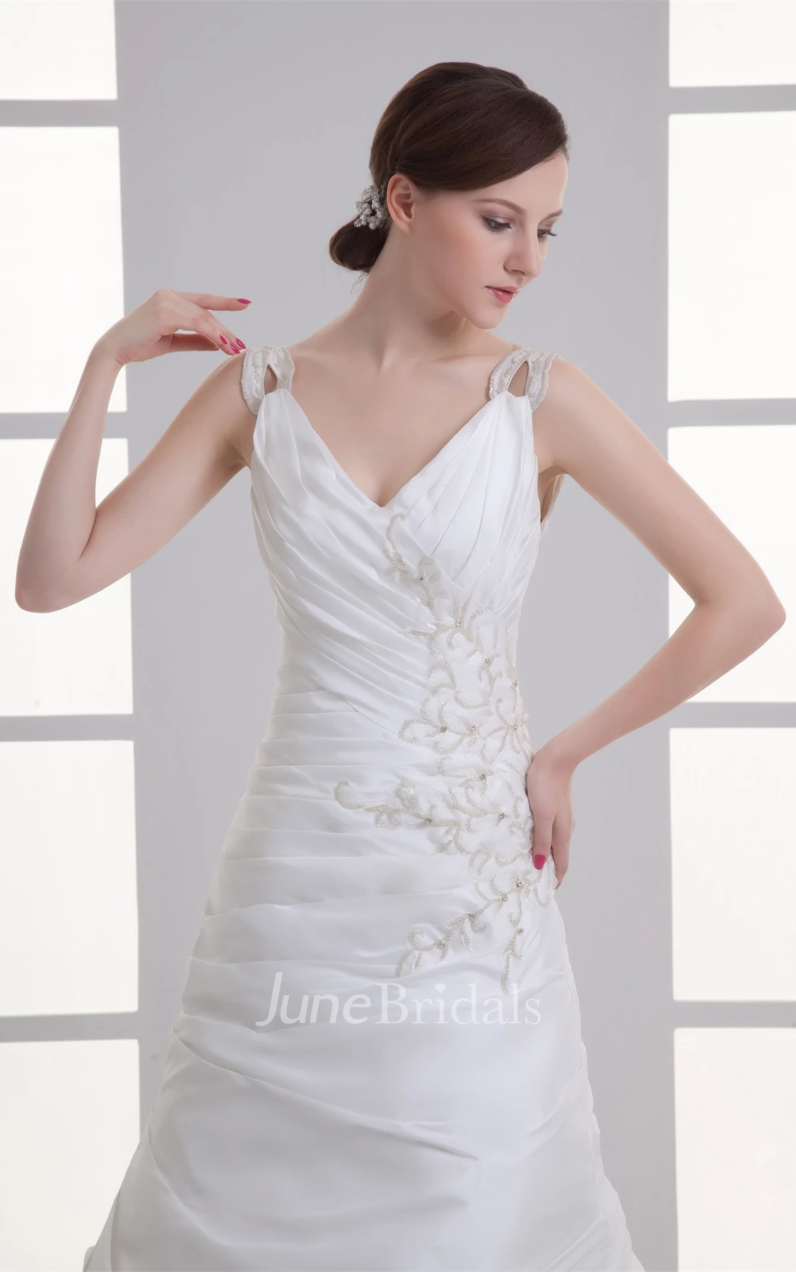 strapped a-line column gown with ruffle and strass