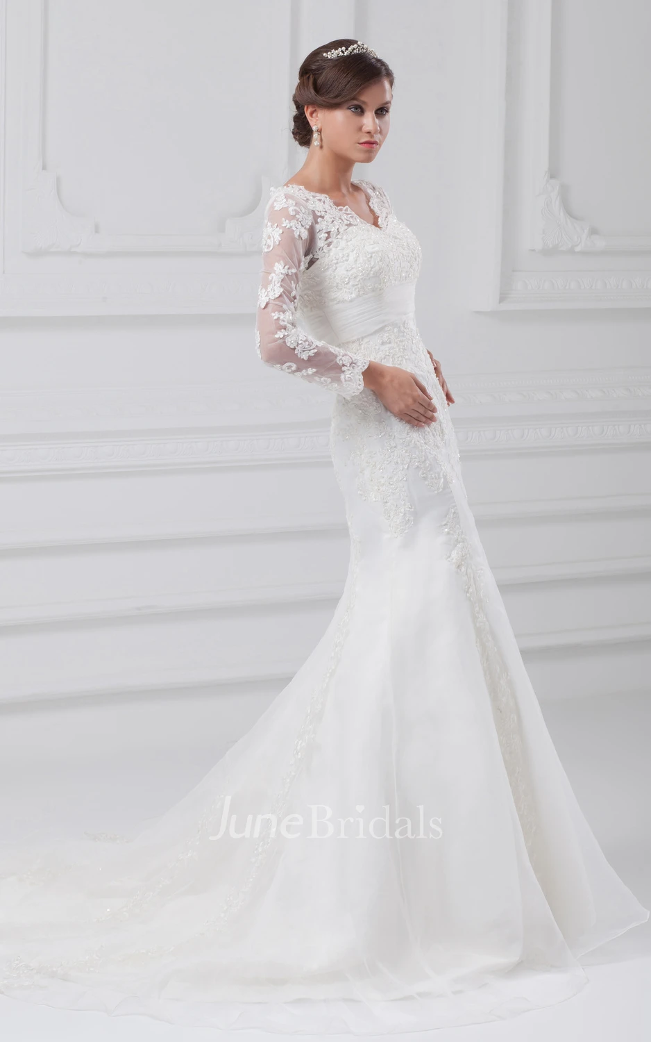 V-Neck Long-Sleeve Siren Gown With Lace Appliques